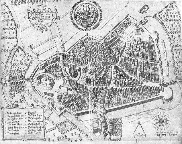 Pieter Bast: Oldenburg in der Vogelschau von Osten; Kupferstich; 1598; 29 x 36 cm; Stadtmuseum Oldenburg