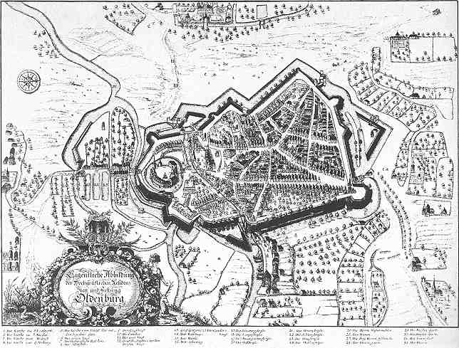 Heinrich von Lennep: Oldenburg in der Vogelschau von Osten; kurz vor 1671; Radierung; 28 x 36 cm; in: Johann Just Winkelmann: Oldenburgische Friedens- und der benachbarten Örter Kriegshandlungen, Oldenburg 1671 (Reprint: Osnabrück 1977)