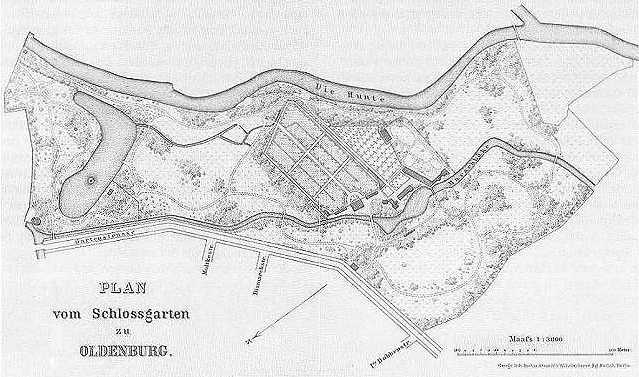 Heinrich Orth: Plan vom Schlossgarten zu Oldenburg, um 1890, in: Heinrich Orth: Die Großherzoglichen Gärten und Parkanlagen zu Oldenburg in Wort und Bild, Oldenburg/Leipzig, 1890, S. 11